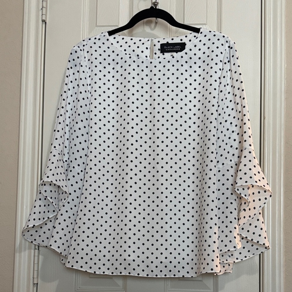 Black Label by Evan-Picone White Polka Dot Blouse Size Marge